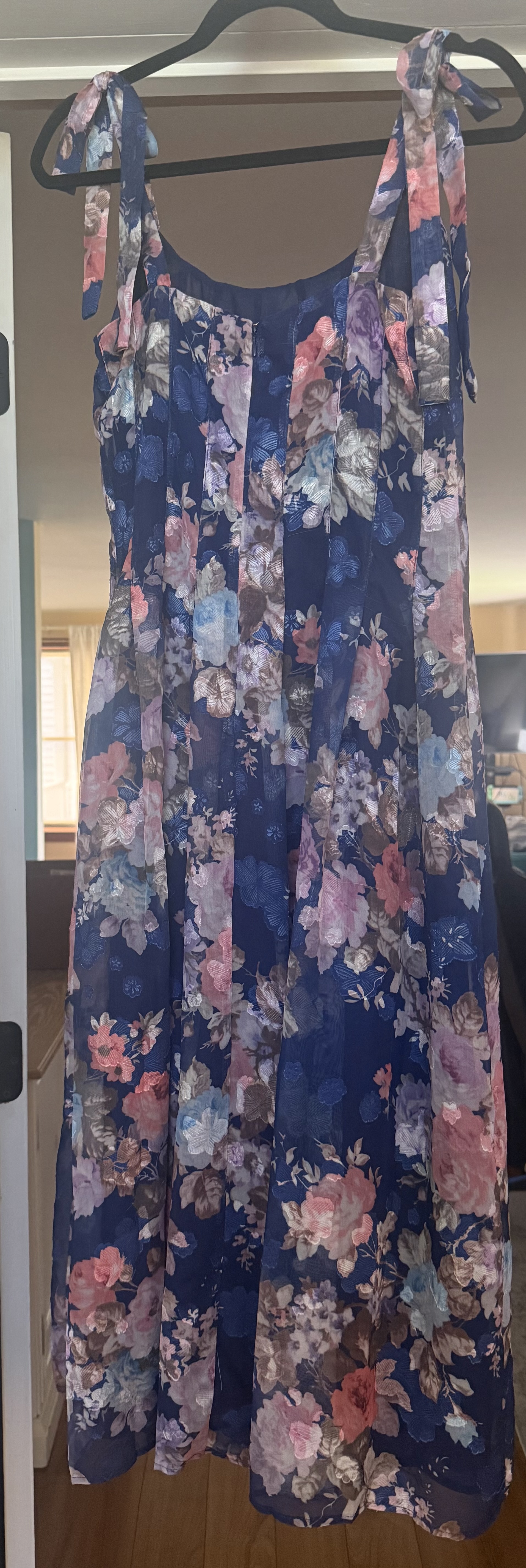 Lulu’s Chiffon Navy And Pink Fit And Flare Dress